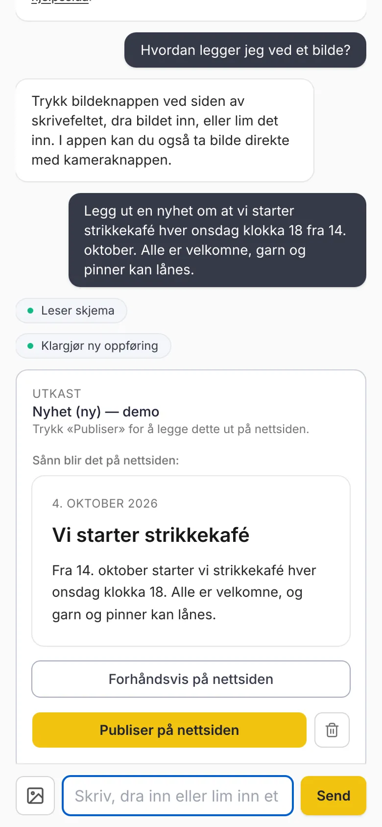 Et utkast til en nyhet med knappen Publiser på nettsiden